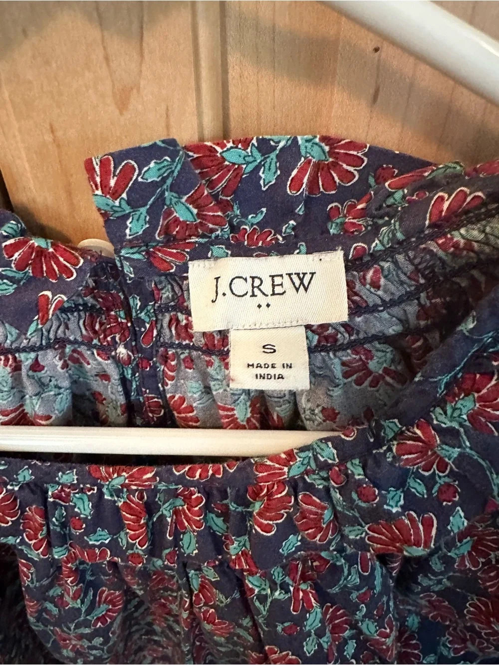 J. Crew Navy Floral Smocked Yoke Blouse with Red and Teal Accents